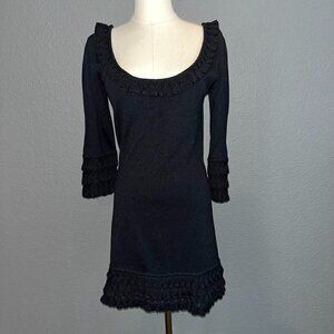 Temperley London LBD Little Black Dress with knit ruffle neck hem sleeves EUC 6